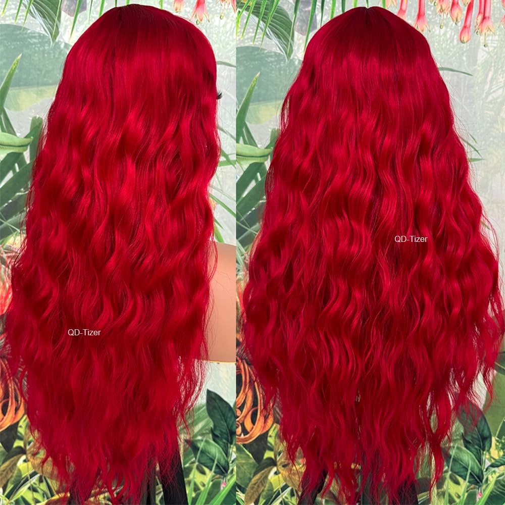 QD-Tizer Red Wig with Bangs Long Wavy Curly Hair Wigs for Women Loose Curly Heat Resistant Synthetic Fiber Wigs for Daily Party Use