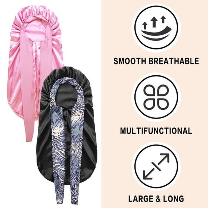 2Pack Bonnets for Black Women Braid Bonnet, Large Long Bonnet Satin Bonnet for Braids,Black Women Silk Bonnet with Stretchy Tie Band Braid Bonnet for Sleeping Extra Long (Pink &Black Pattern)