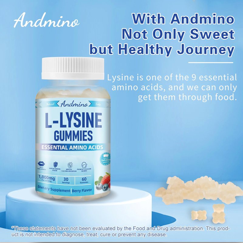 andmino L-Lysine Gummies 1000 mg, with Trehalose, L Lysine Gummies for Lips & Oral Wellness, Immune Support & Collagen & Calcium, for Adults & Kids, Non-GMO, Vegan, Gluten Free, Berry Flavor, 60