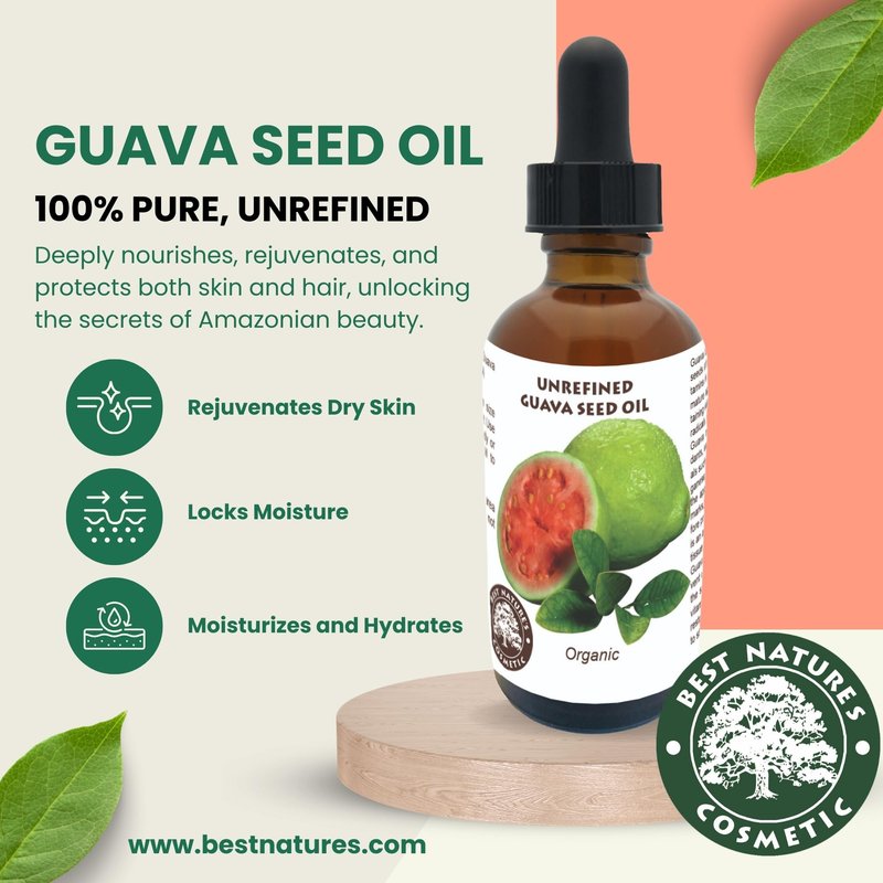 Best Nature's Cosmetics Organic Guava Seed Oil cold pressed for Skin & Hair – Vitamin C Rich, Antioxidant-Rich Hydrating Oil for Glowing Skin & Frizz-Free Hair 2 oz / 60 ml