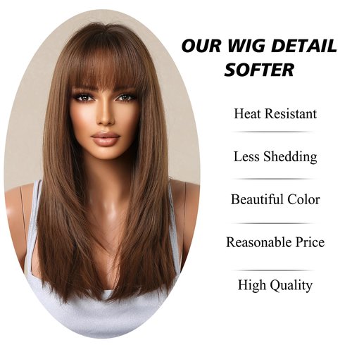 testar Brown Wig With Bangs,Shoulder Length Straight Wigs For Women,Medium Length Dark Brown Wig,Synthetic Layered Wig Natural Looking Wigs For Daily Party Use 22IN