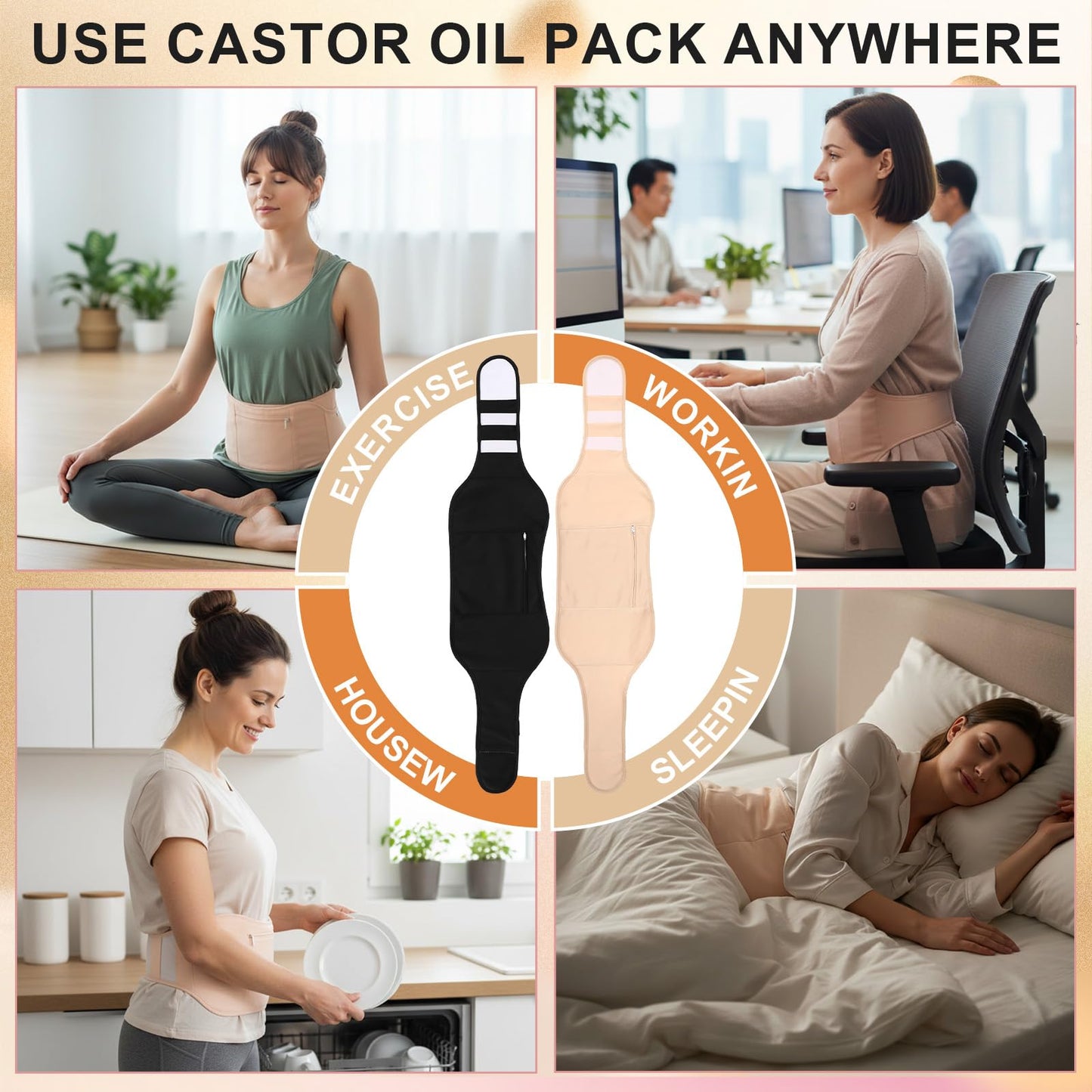 Nuanchu Castor Oil Pack for Belly Comfort Reusable Castor Oil Packs Fits Waist 31.5"-38.5" Cotton Leak Resistant Layer Hot Cold Pack Adjustable for Women(2 Pcs,Black, Skin Tone,Classic)
