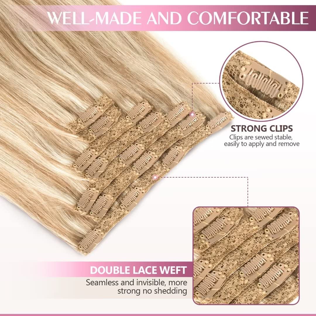 Fimislosion 22" Clip in Real Human Hair Extensions with Double Weft, 7pcs with 16clips,120 Gram (#18/613 Honey Blonde With Bleach Blonde)