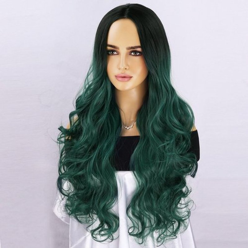 RightOn Green Wig Long Wavy Wigs for Women Ombre Dark Green Wigs Long Curly Wig Synthetic Wigs Dark Roots Green Hair for Cosplay Party and Halloween