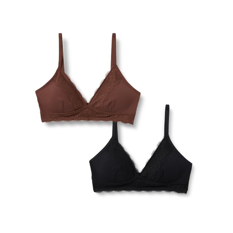 Amazon Essentials Women's Peached Microfibre with Lace Trim Lined V Neck Bralette, Black/Rich Hazel, X-Small
