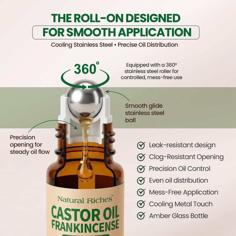 Natural Riches Organic Castor Oil and Frankincense Eye Roller 30 ml - Lightweight Roll On for Under Eye Puffiness, Face, Wrinkles, Fine Lines - Cold Pressed and Hexane Free.