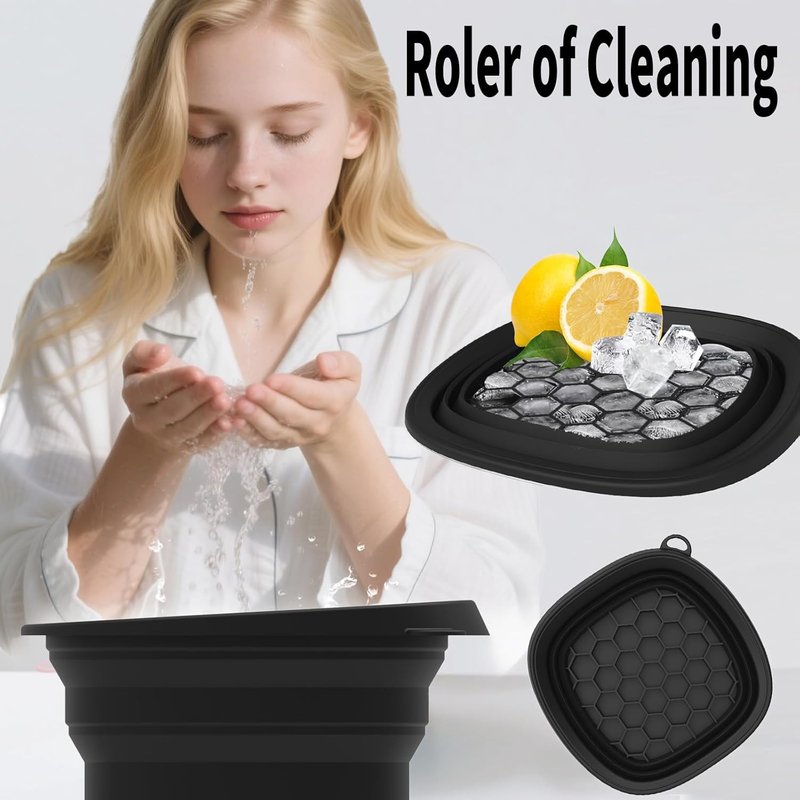 Face Ice Bowl with Built-in Ice Tray - Collapsible Silicone Cold Plunge Therapy for Skin Tightening | Portable Spa Tool (Black)