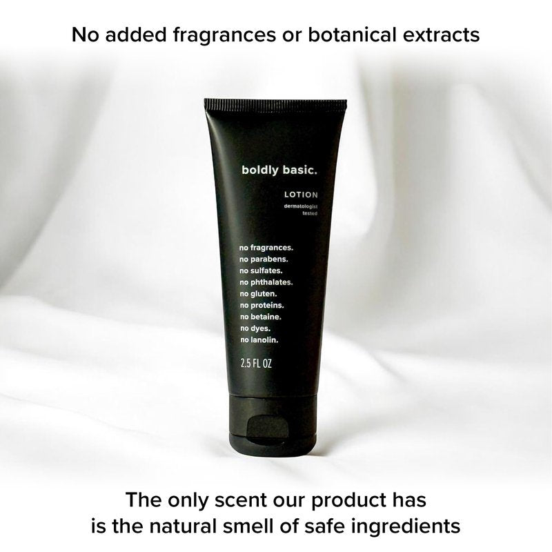 Boldly Basic Fragrance Free Lotion - Moisturizer for Dry and Sensitive Skin - Non Greasy - Unscented - Dermatologist Tested - No Sulfates, Parabens or Gluten - Travel Size 2 Pack (2.5 oz Each)