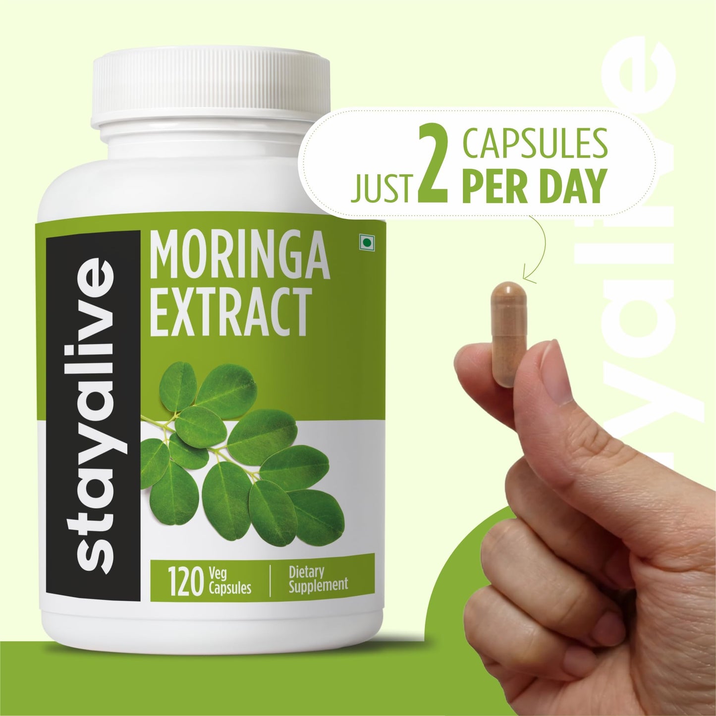 STAY ALIVE Moringa Capsules 1000mg, 20:1 Extract, 120 Pills, Green Superfood with Extra Strength, 100% Pure Oleifera Leaf Powder, 2 Months Supply, All Natural, Non-GMO & Gluten Free Moringa Supplement