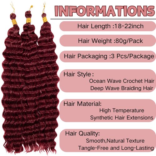 Ocean Wave Crochet Hair 20 inch 3packs Deep Wave Crochet Hair Synthetic Wave Curly Braiding Hair Extensions Ocean Wave Braiding Hair for Black Women (20 inch, BUG)