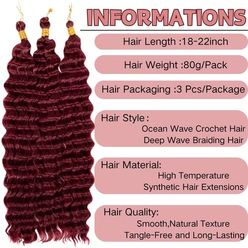 Ocean Wave Crochet Hair 20 inch 3packs Deep Wave Crochet Hair Synthetic Wave Curly Braiding Hair Extensions Ocean Wave Braiding Hair for Black Women (20 inch, BUG)