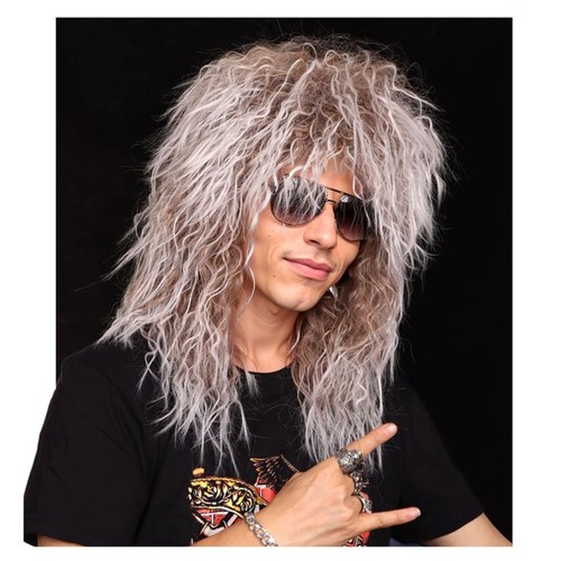 FantaLook 80S Costume Wig with SunGlass for Men Curly Brown with White Cosplay Wig for Halloween
