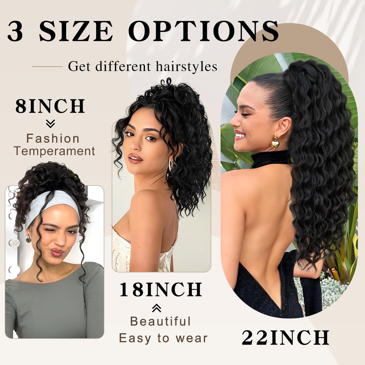SHNMIN Ponytail Extension, Curly Drawstring Ponytail Extension for Women 8 Inch Curly Wavy Ponytail Yaki Textured Natural Fluffy Synthetic Hairpiece for Daily Use