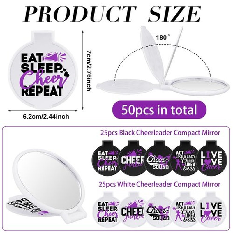 Wenqik 50 Pcs Cheerleader Mirror Gifts Cheerleading Compact Mirror Bulk Folding Pocket Mirror Cheer Party Favors for Team(Purple Cheer)