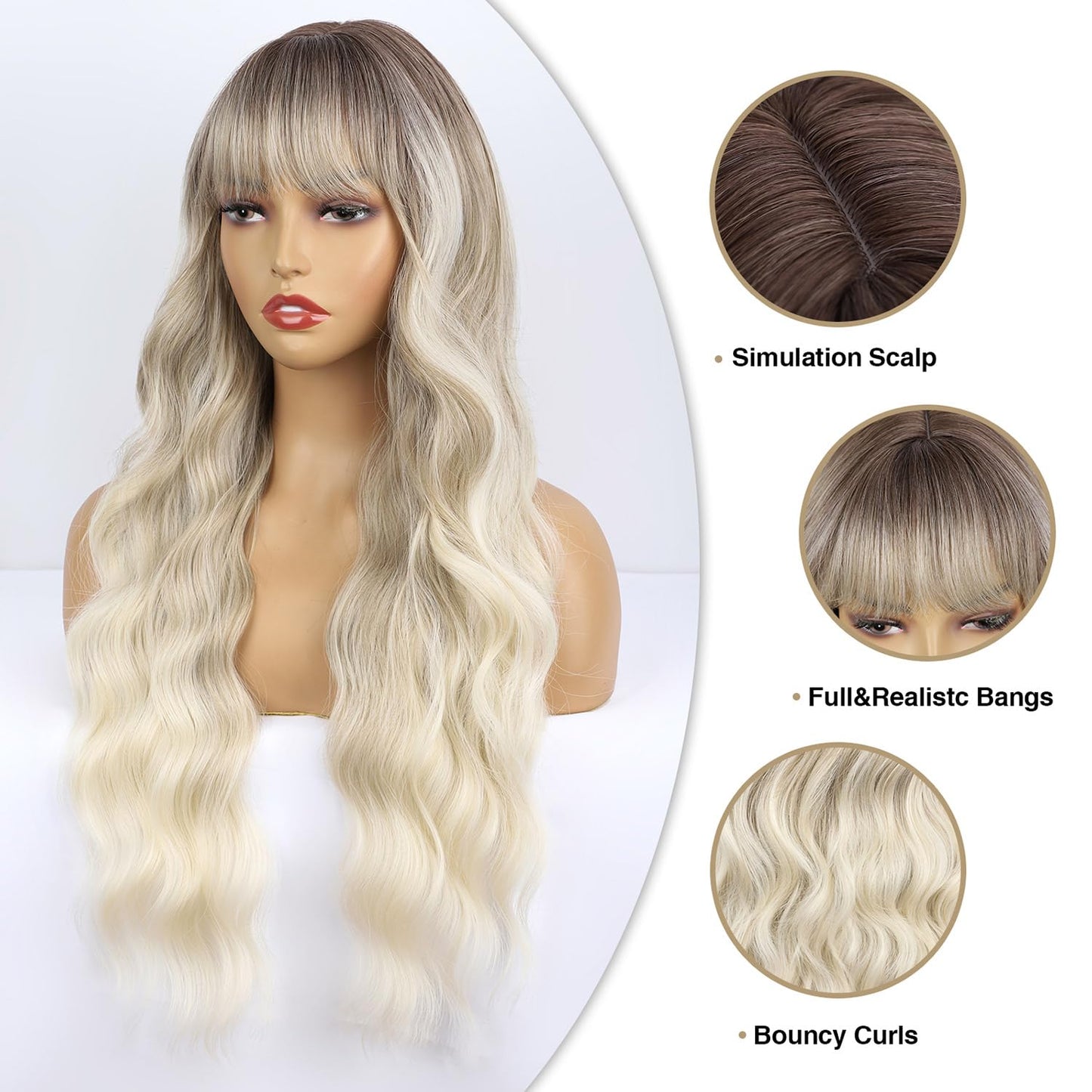 BOGSEA Ombre Ash Blonde Wigs with Bangs Blonde Long Wig for Women Ash Blonde Wavy Wigs Synthetic Heat Resistant Fiber Wigs for Daily Party 26 Inch