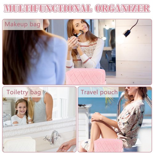 ZLFSRQ 2Pcs Makeup Bag for Women Travel Medium Pink White Cosmetic Bag Set Cute Argyle Preppy Makeup Pouch Purse Zippered Toiletry Bag Organizer Cute Y2K Trendy Aesthetic Makeup Brushes Storage Bag