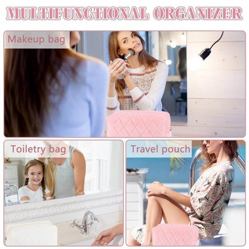 ZLFSRQ 2Pcs Makeup Bag for Women Travel Medium Pink White Cosmetic Bag Set Cute Argyle Preppy Makeup Pouch Purse Zippered Toiletry Bag Organizer Cute Y2K Trendy Aesthetic Makeup Brushes Storage Bag