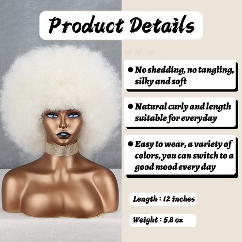 Xinran Short White Afro Wig for Black Women, Disco 70s Afro Wig for Women, Big 60s Puff Wig Bouncy Soft For Party Halloween and Party