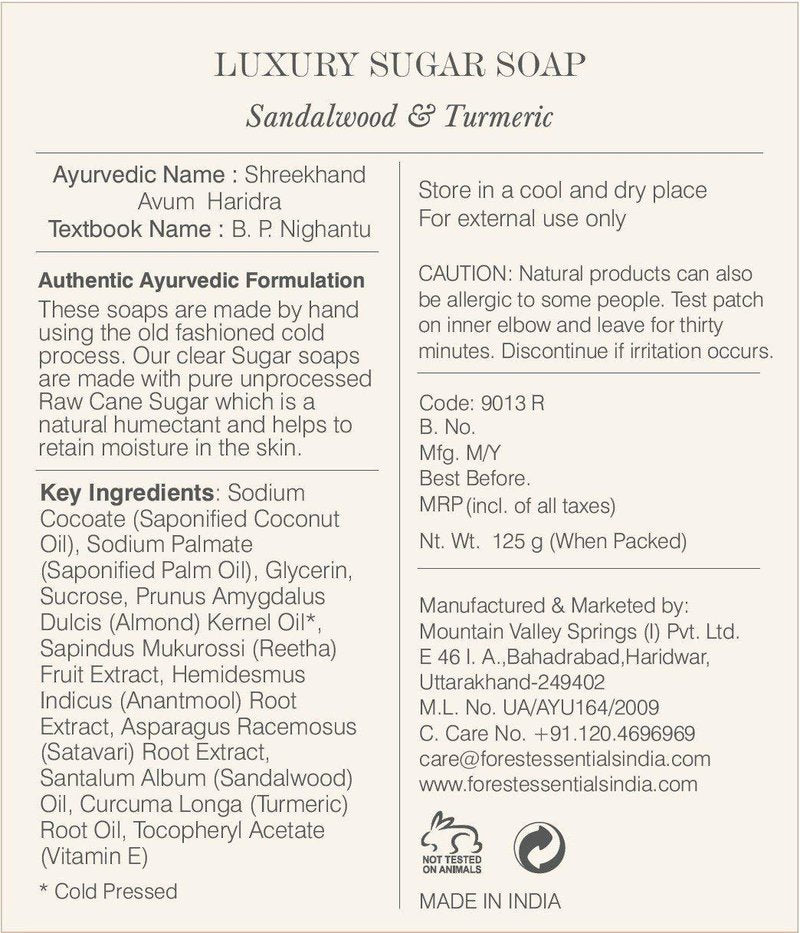 Forest Essentials Sandalwood and Turmeric Luxury Sugar Soap, 125g