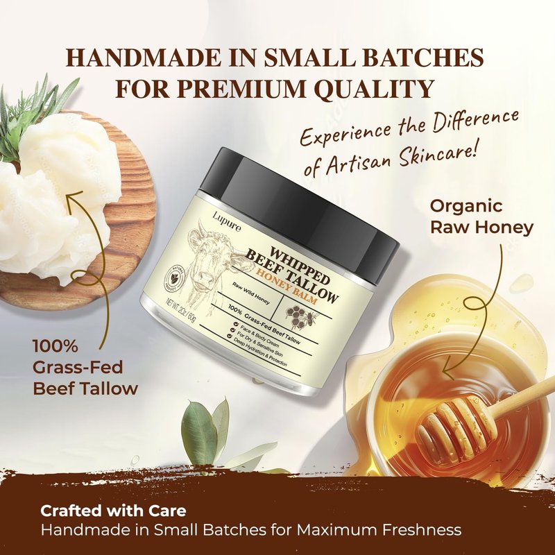 Lupure Beef Tallow Balm for Skin, Whipped Grass Fed Beef Tallow with Honey, Organic & All-Natural Face Moisturizer, Hydrating & Nourishing Balm for Dry Skin, Eczema Relief, Unscented, Non-Greasy, 2oz