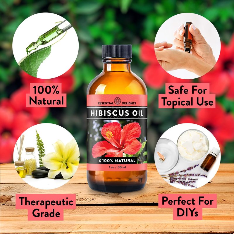 Essential Delights Hibiscus Oil Premium Cold Pressed Carrier Oil (1 oz.) | for Skin, Face, Body, Hair Revitalization |