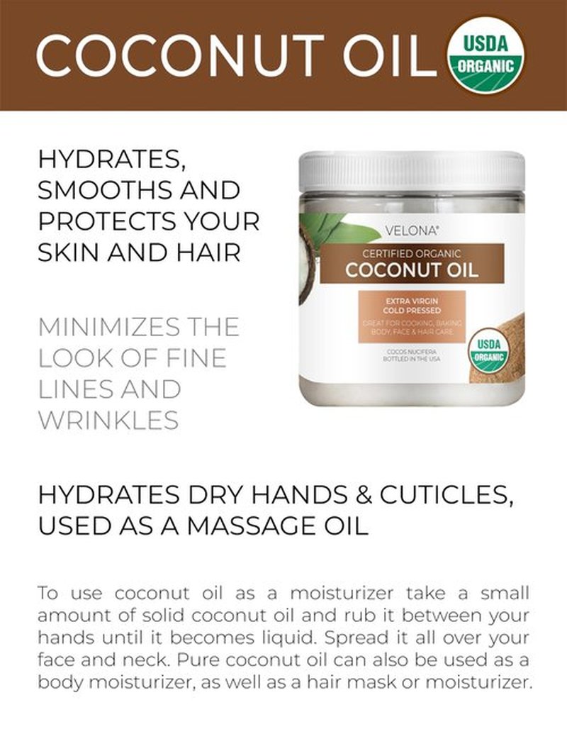 Velona USDA Certified Organic Coconut Oil Extra Virgin - 8 fl oz | Food and Cosmetic Grade | in jar | Extra Virgin, Cold Pressed