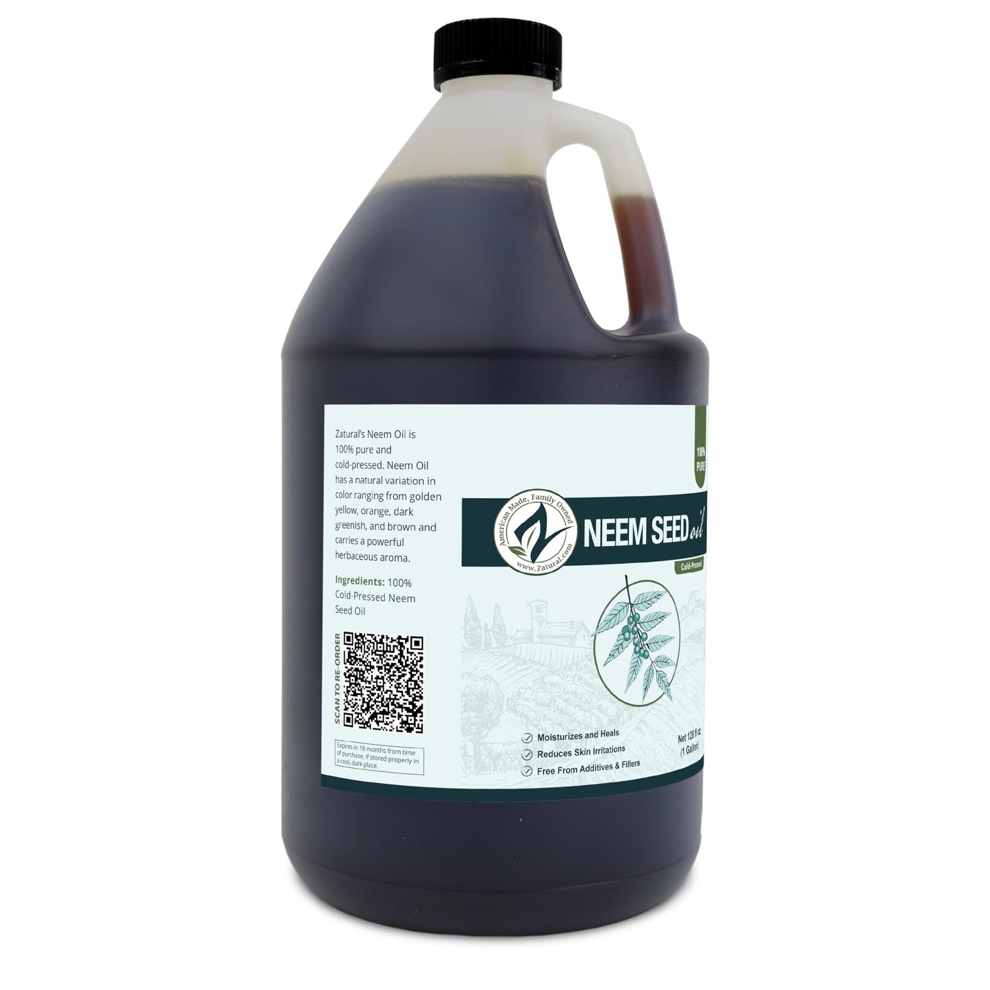 Zatural 100% Pure Neem Seed Oil | Cold Pressed, Undiluted Natural Oil for Skin Conditioning, Hair Moisture & Botanical Blending (128 Fl Oz)