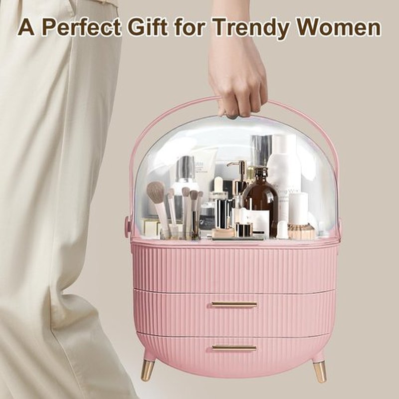 Make up Organizers and Storage, Makeup Organizer for Vanity, Cosmetics Skincare Organizers with Lid and Drawers, Cosmetic Display Cases for Countertop, Bathroom, Ideal Gifts for Women(Pink)