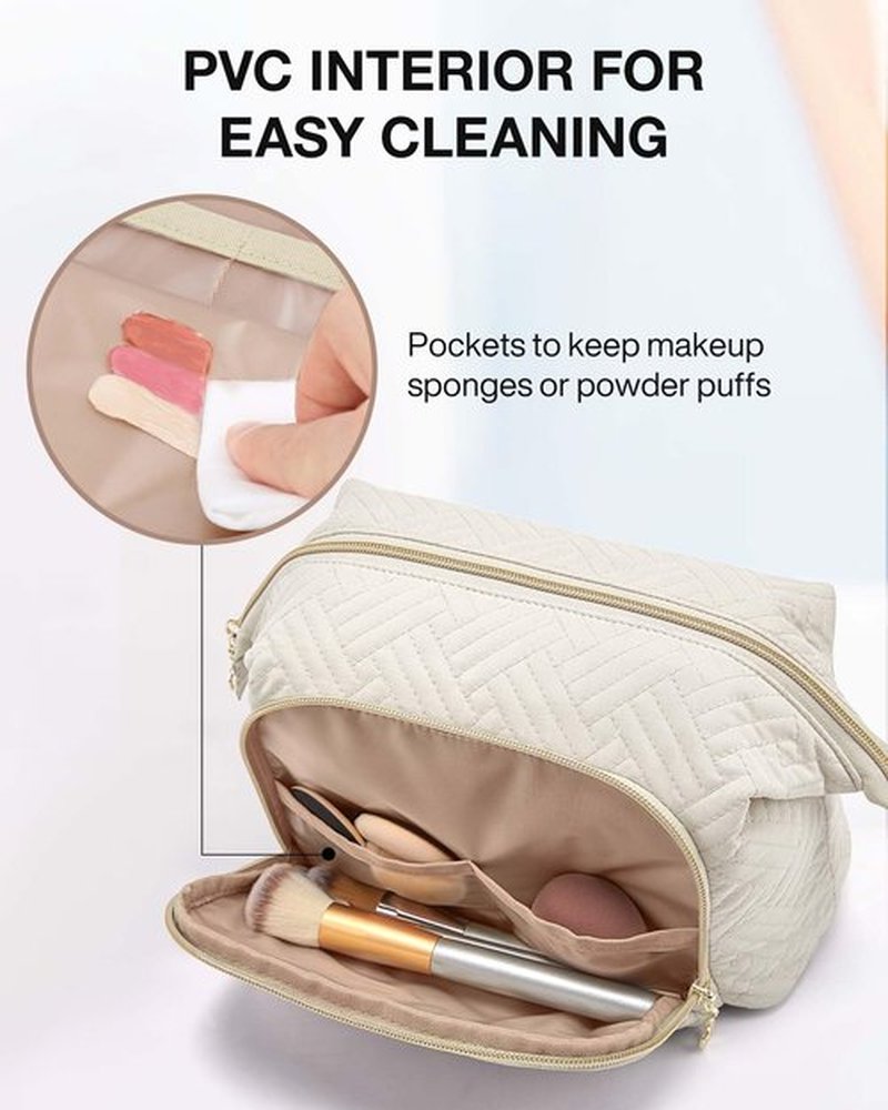 BAGSMART Travel Makeup Bag, Cosmetic Bag Small Make Up Organizer Case,Wide-open Pouch for Women Purse for Toiletries Accessories Brushes,Large Beige