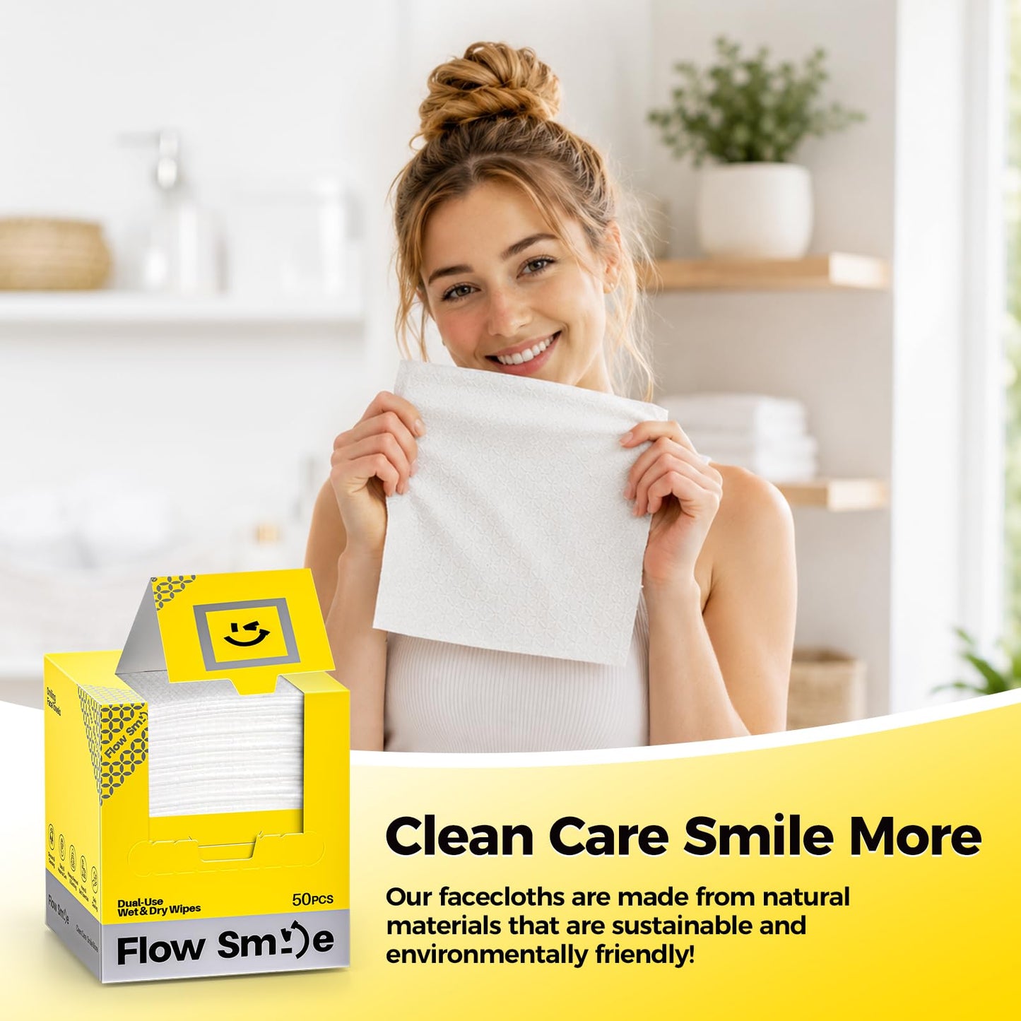 FLOW SMILE Face Towels, Disposable Face Towels, 50 Count Extra Thick & Ultra Soft Lint-Free Dry Wipes for Sensitive Skin, Unscented Biodegradable for Makeup Removal & Facial Cleansing
