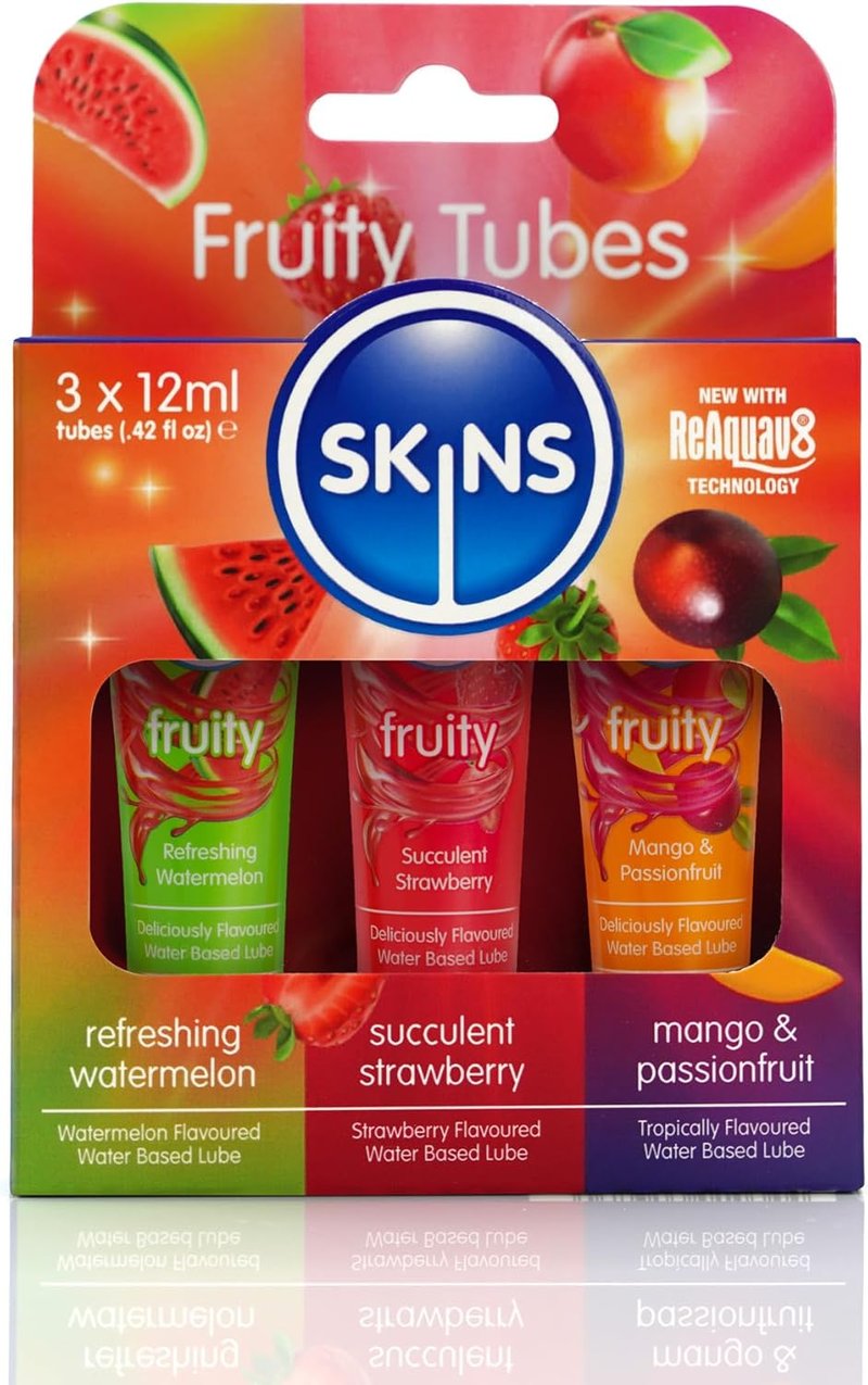 SKINS Flavored Lube Set - 3 Fruity Edible Water-Based Lubricants for Oral & Intercourse | Watermelon, Strawberry, Mango & Passionfruit