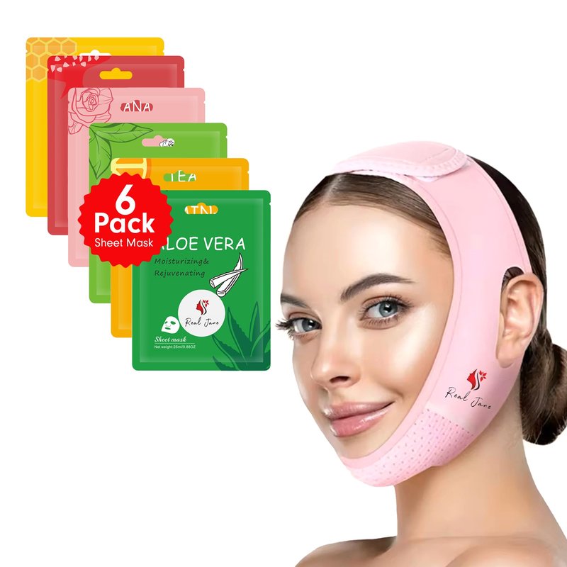 REAL JANE V Line Lifting Mask Set – Face Slimming Chin Strap for Sleeping, Jawline Shaper & Double Chin Reducer, Neck Tightening Face Lift Belt with 6 Hydrating Face Masks for Women