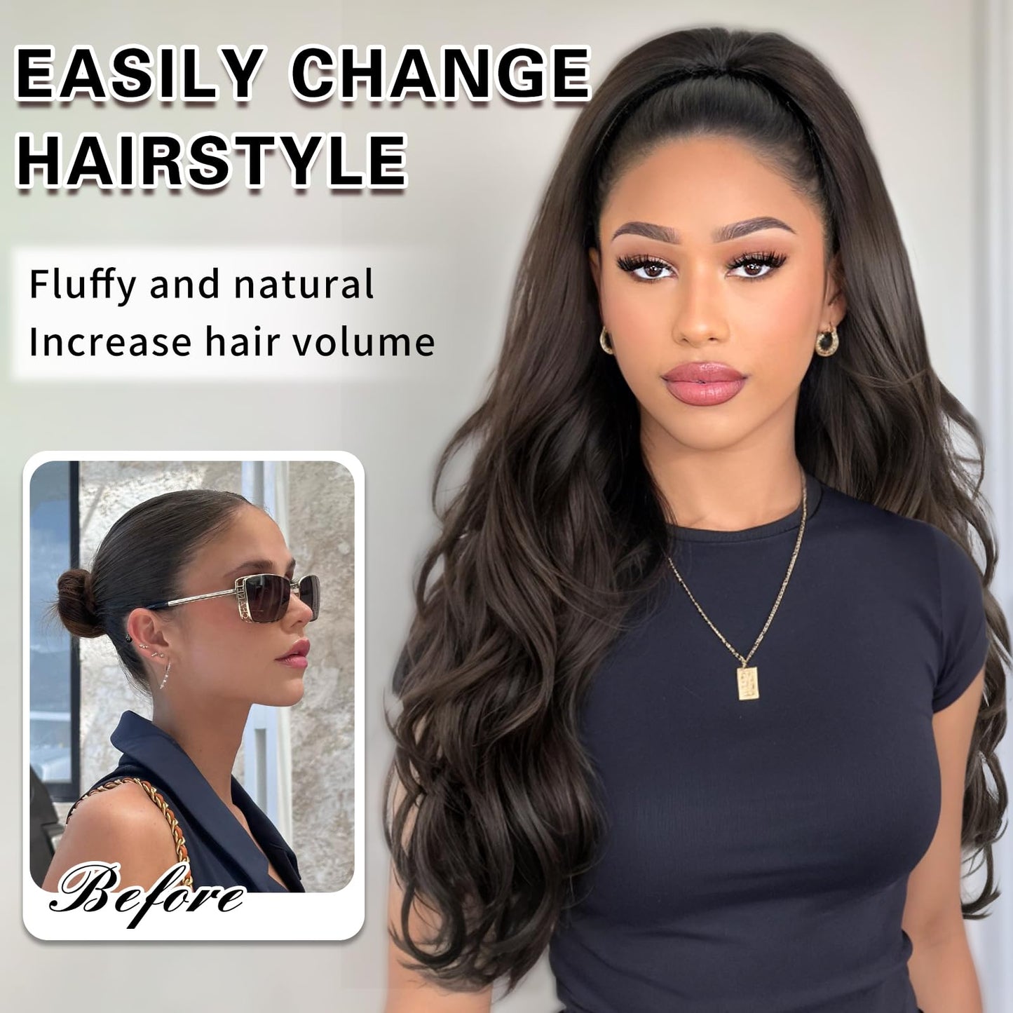 SHNMIN Ponytail Extension, Drawstring Ponytail Extension for Women 24 Inch Long Wavy Pony Tails Clip in Ponytail Hair Extensions Synthetic Layered Ponytail for Daily Use
