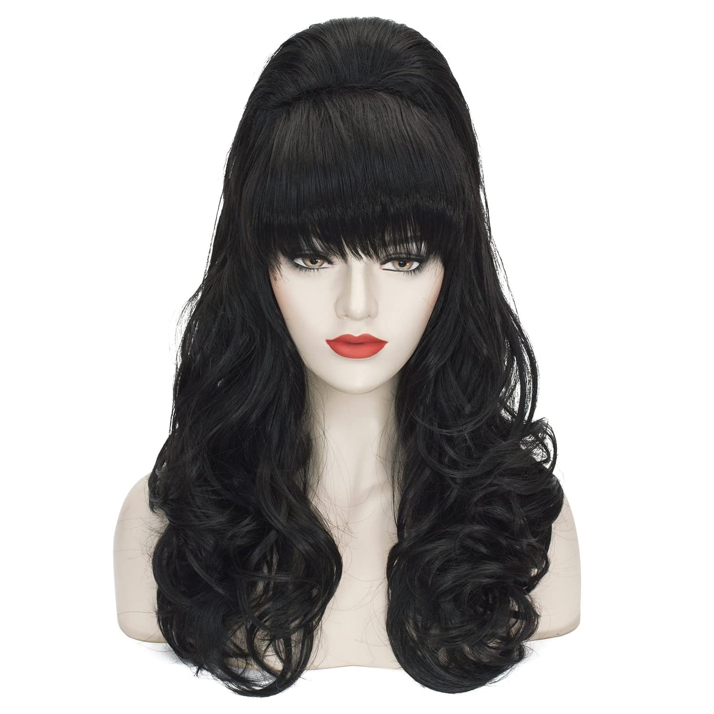 Beehive Wig Black Women Vintage Long Curly Bouffant Updo Victorian Fembot Wig 60s 50s Costume Married Housewife Heat Resistant Synthetic Hair Wigs for Halloween Party + Wig Cap