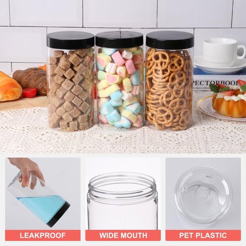 Jaisie.W Plastic Jars with Lids 32 oz 6Pack,Empty Clear Plastic Jars with Lids for Storage, Round Leakproof Containers for Nuts,Cookies,Dried Fruit,Small Snacks(32fl.oz,set of 6)