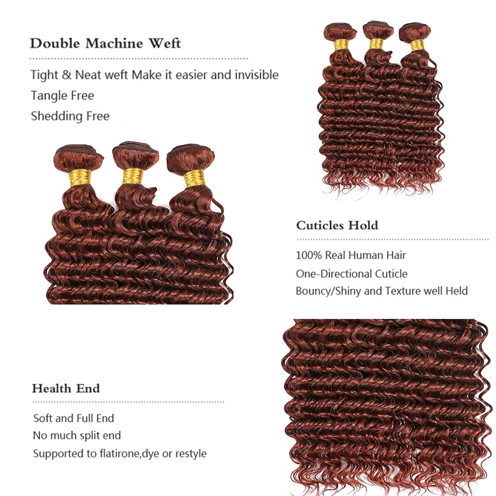 #33 Bundles Human Hair Reddish Brown Deep Wave Human Hair Bundles Copper Red Bundles Human Hair 3 Bundles 8 10 12 Inch Color #33 Deep Curly Bundles Hair Weave