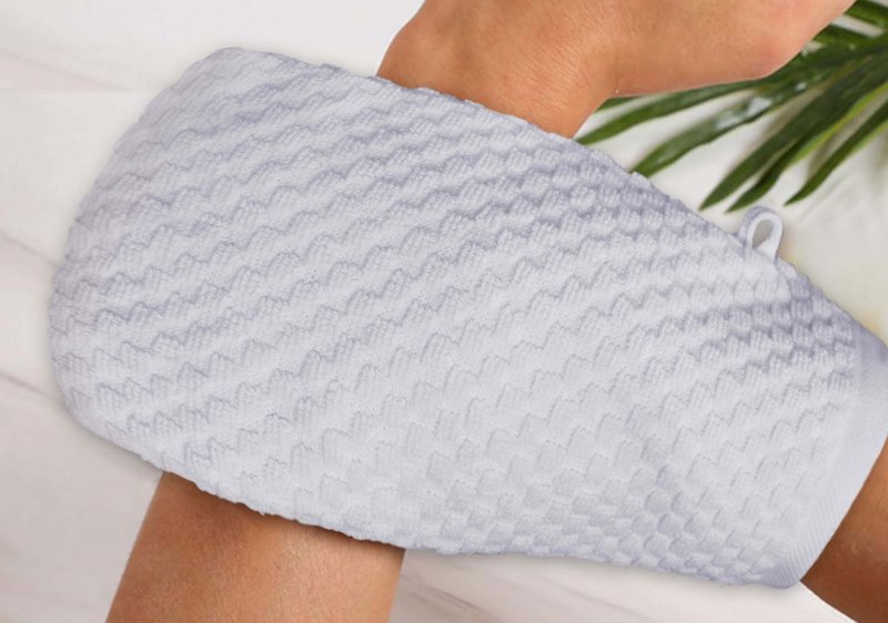 COTTON CRAFT Bath Mitt - Exfoliating Glove - Set of 6 Euro Spa Waffle Weave Towel Mitts - 100% Cotton Body Shower Glove Washcloth with Hanging Loop - Sensitive Skin Friendly - Large 5.5x10 - White