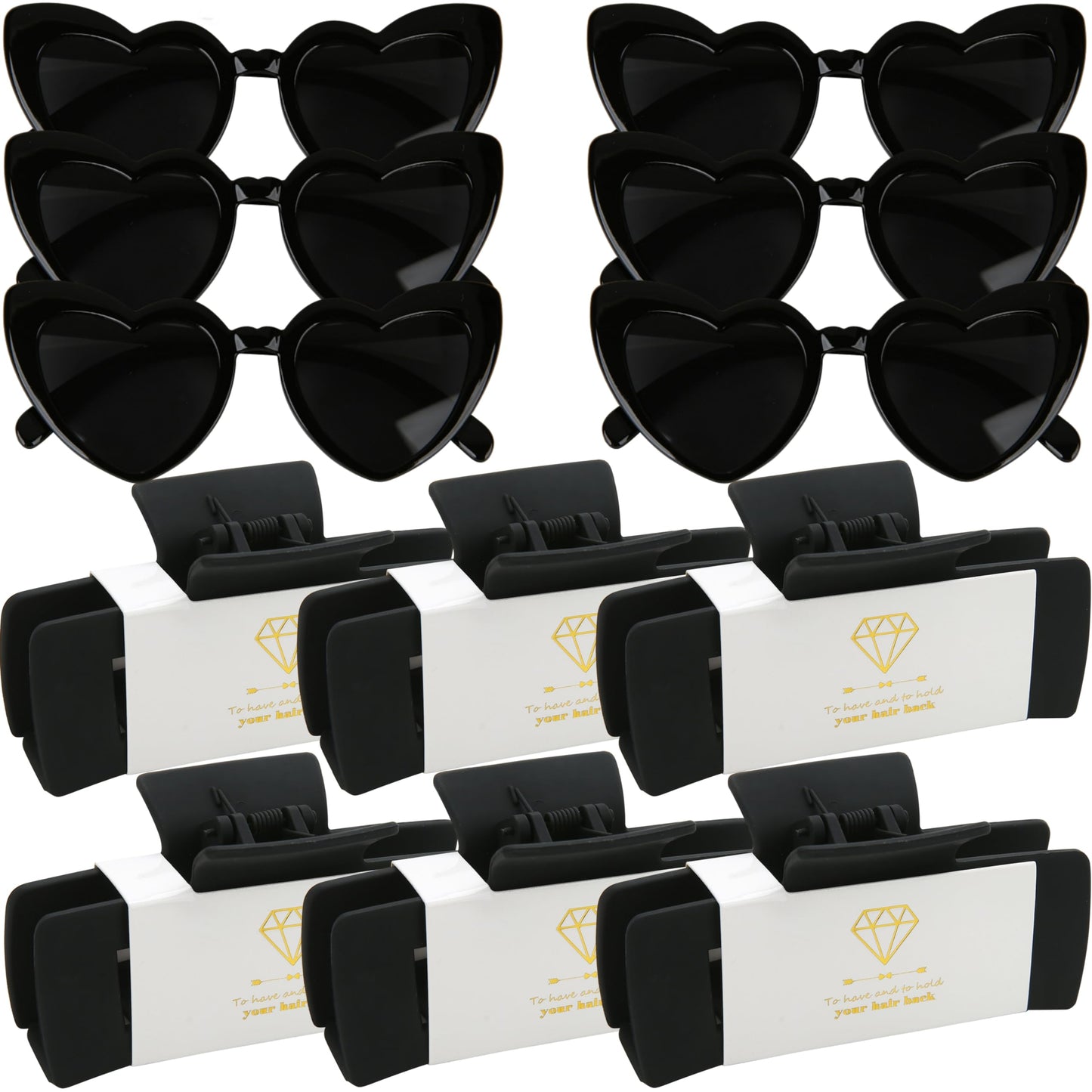 12pcs Bridesmaid Proposal Gifts 4.1inch square Bachelorette hair Claw Clip heart Sunglasses set of 6 Girls Trendy gift for Wedding Party Favors(Black)