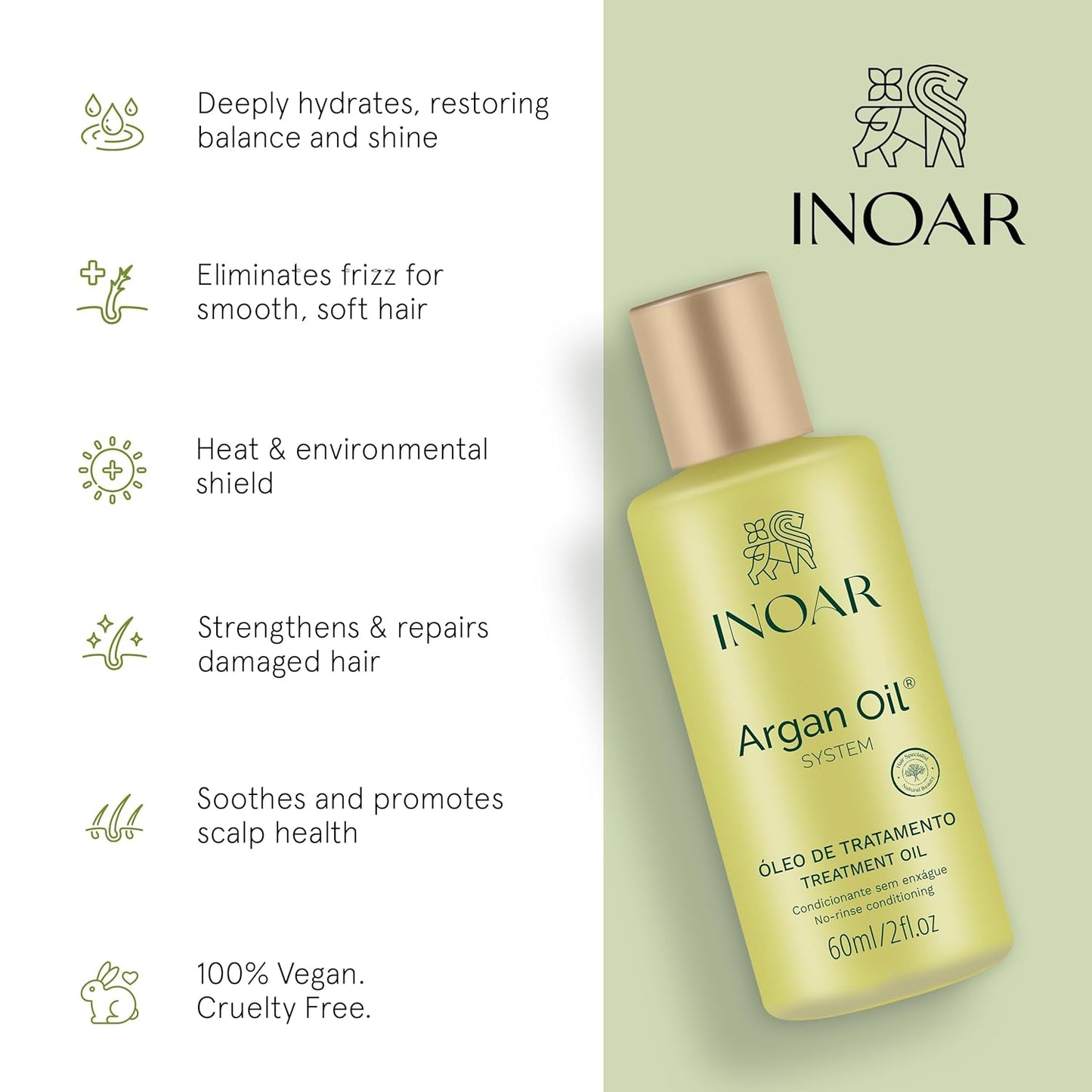 Inoar Argan Oil Hydrating Treatment Oil with Smoothing & Thermal Protection for Hair, Vegan & Cruelty-Free, 2 Fl Oz