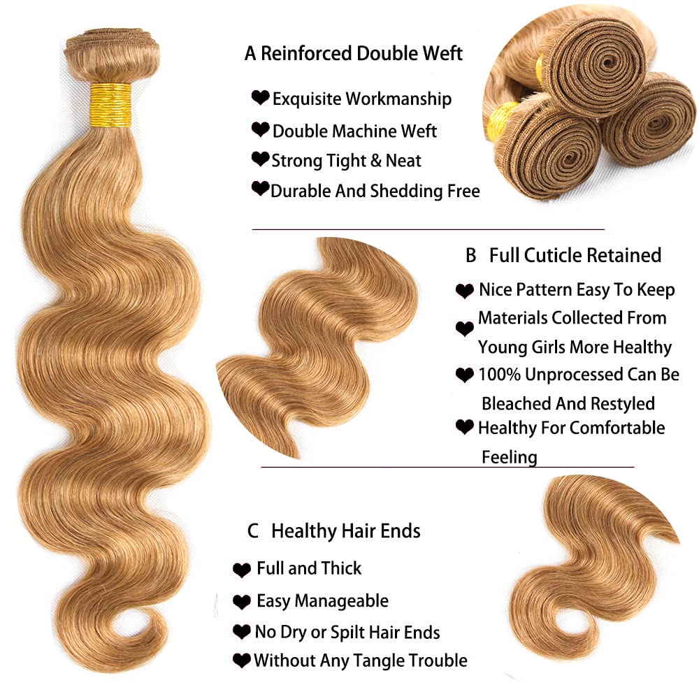 Blonde Bundles Human Hair Honey Blonde Body Wave Bundles 22 22 Inch Color #27 Human Hair Bundles Peruvian Golden Blonde Body Wave Bundles Hair Weave 200g