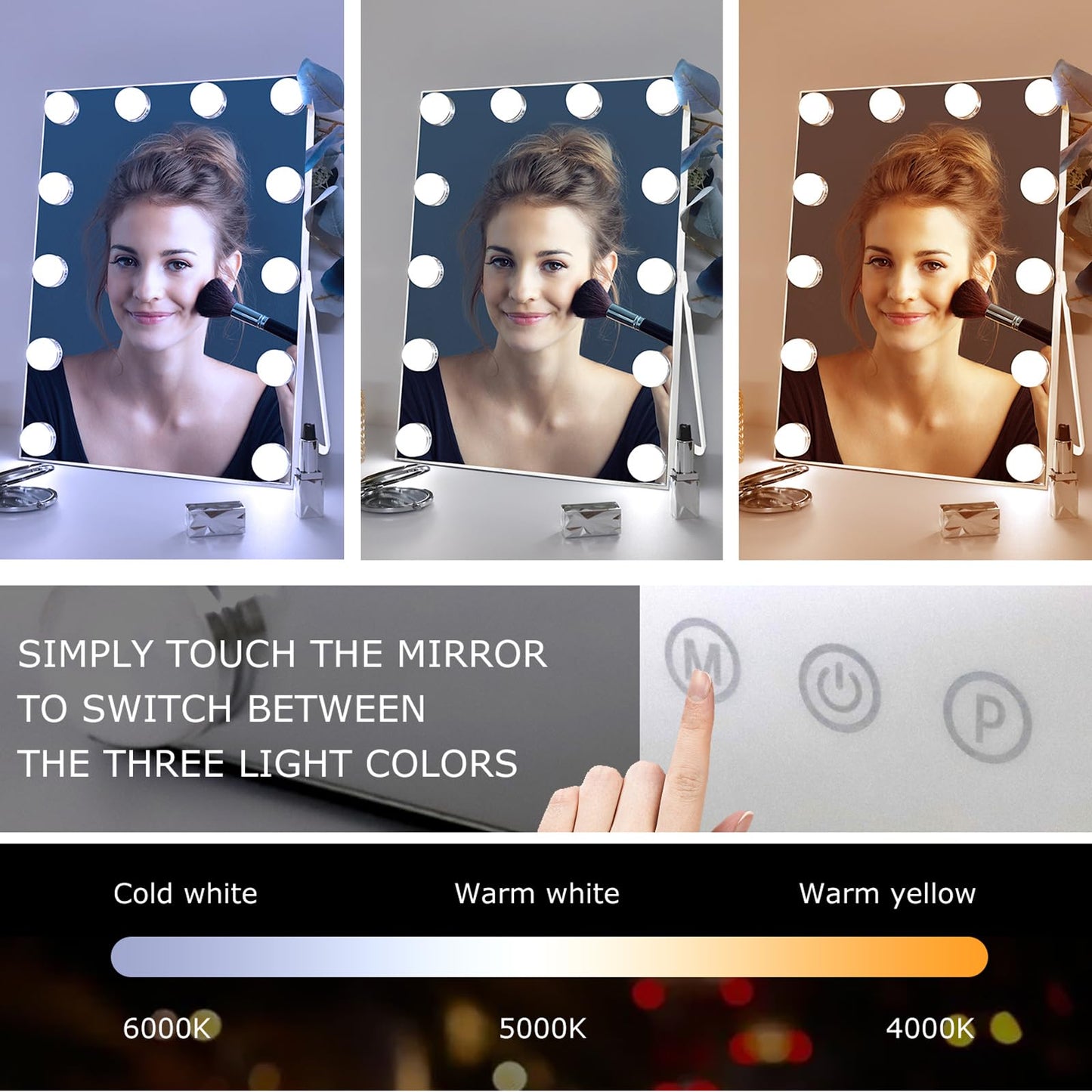 Nacvmry 10"x 12" Vanity Mirror with Lights, Hollywood Lighted Makeup Mirror with 3 Color Modes and 12 Dimmable Diamond LED Light Bulbs, Touch Control for Bedroom, White