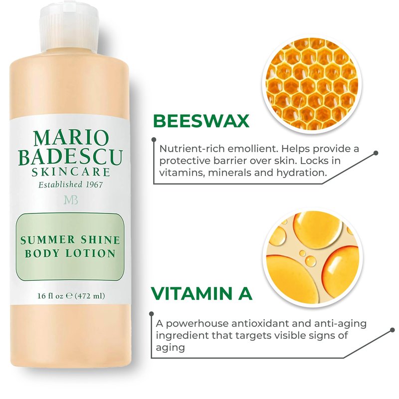 Mario Badescu Summer Shine Body Lotion Enriched with Vitamin A, Lightweight and Radiant, Non-Greasy Candlelit Glow Body Shimmer, Ideal for All Skin Types, 16 oz.