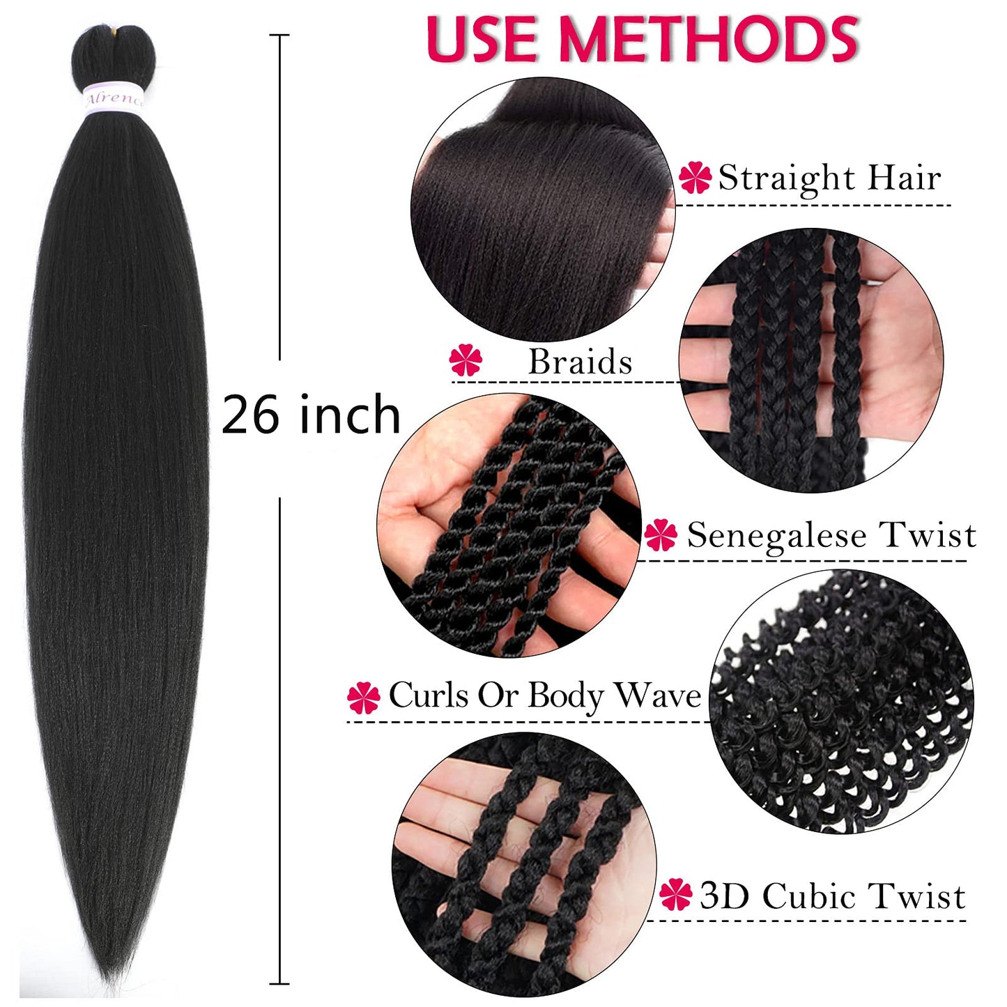 Alrence Pre Stretched Braiding Hair Long Braid 26 Inch 8 Packs Professional Braiding Hair Extensions Synthetic Crochet Twist Braids (26 Inch, 1B#)