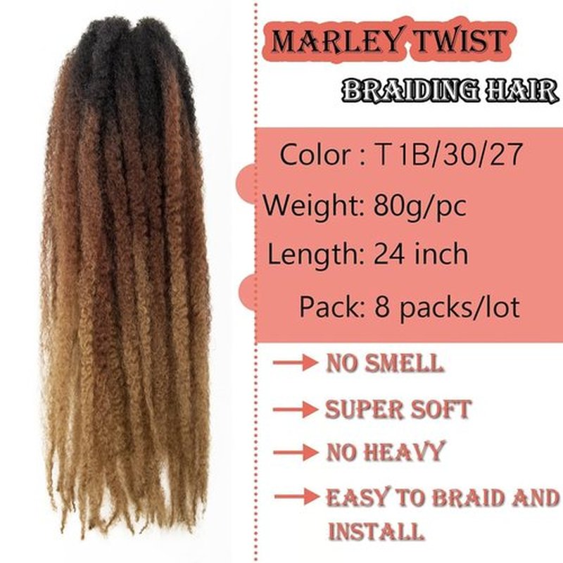 Marley Hair 24 Inch Marley Twist Hair Afro Twist Marley Braiding Hair for Faux Locs Crochet Hair Synthetic Hair Extensions(8Packs,1B/30/27, 24inch)