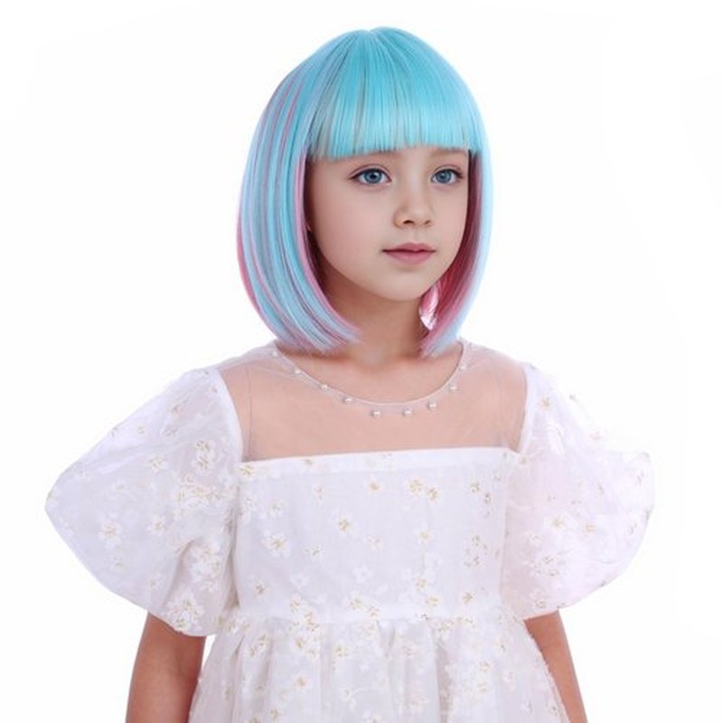 Edivd Girls Blue Mixed Pink Bob Wig Kids Short Pink Mixed Blue Bob Wig with Air Bangs Child Rainbow Bob Wig Heat Resistant Synthetic Wig with Wig Cap
