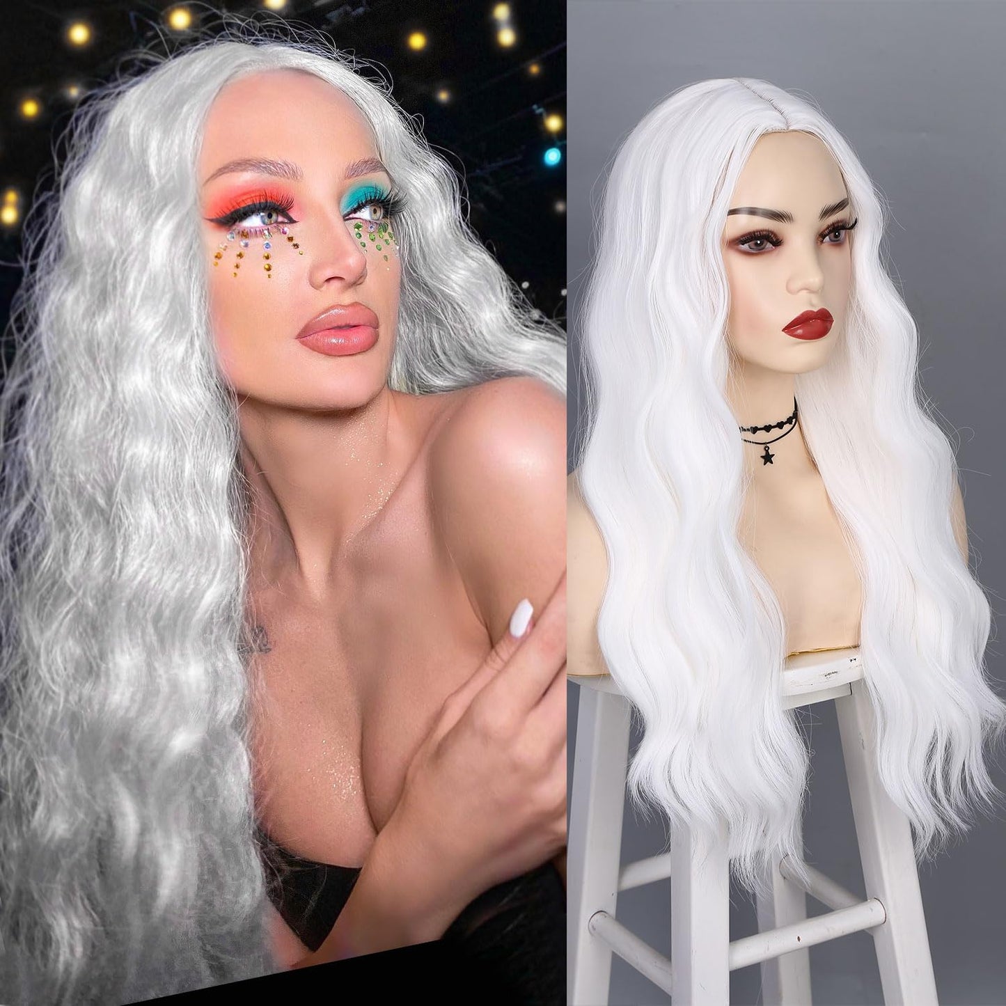 Fancy Hair Long White Wigs for Women White Long Curly Wavy Wig Middle Part Synthetic Wig White Wig for Daily Halloween Cosplay 24 Inches