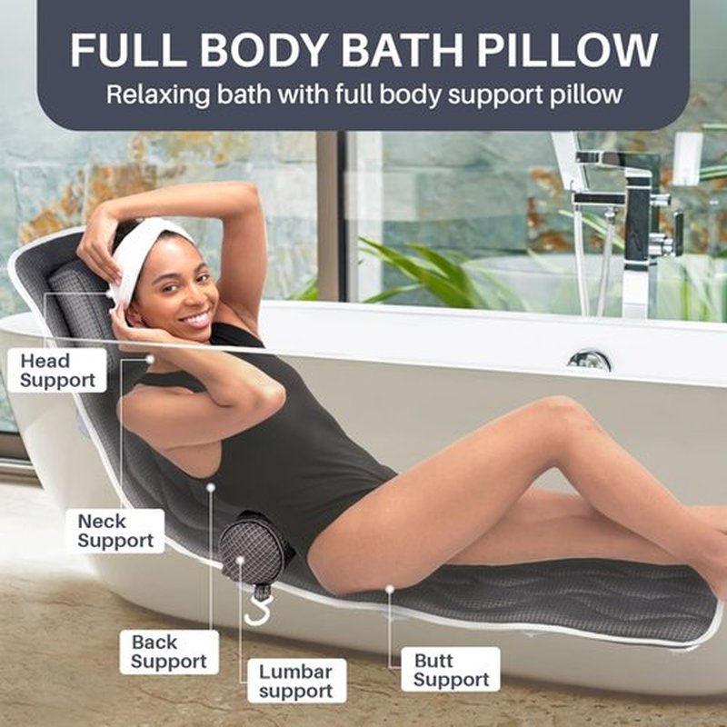 Full Body Bath Pillows for Tub-Bath Pillow Luxury Bathtub Pillow-Full Body Bath Tub Pillow for Bathtub for Head Neck and Back Support with Lumbar-Comfy Bathtub Pillow Mat for Tub-Grey