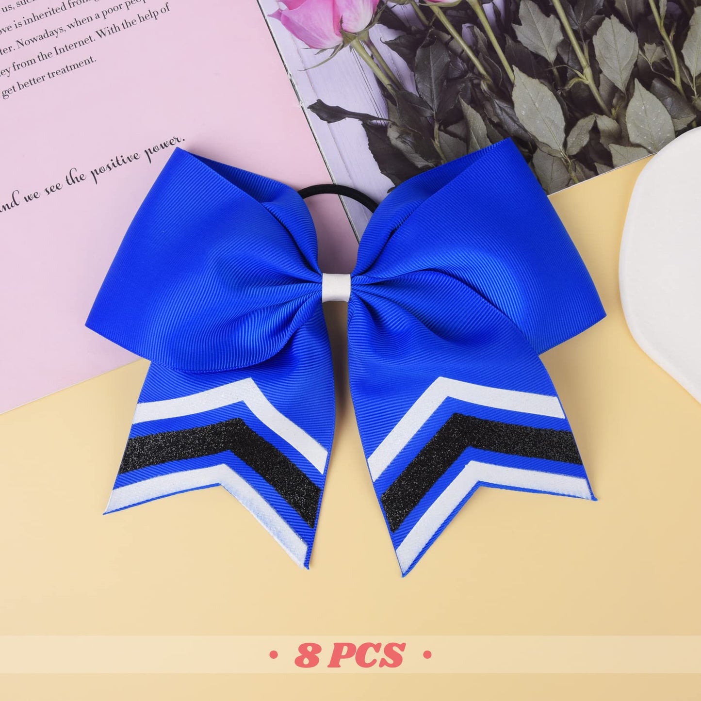 DEEKA 8PCS Large Glitter Cheer Bows Shiny 7" Cheer Hair Bows Ponytail Holder Handmade for Cheerleader Girls Softball Sports -Royal Blue/WTBK