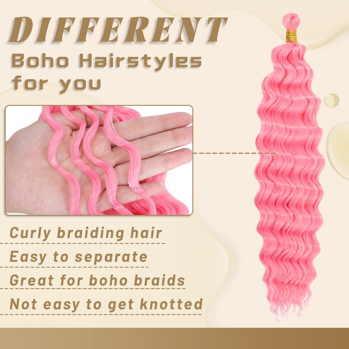 Eerya Long Curly Braiding Hair 18 Inch 2 Packs Pink Ocean Wave Crochet Hair for Black Women Deep Wave Braiding Hair for Boho Braids (18 inch, Pink)