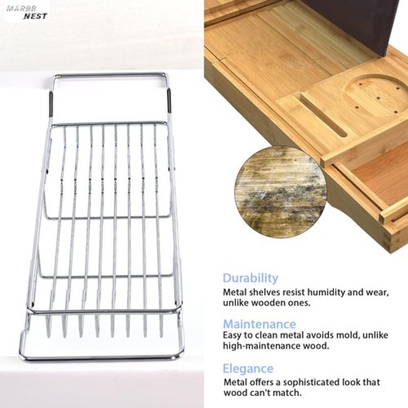 MARBBNEST Bathtub Tray Caddy for Luxury Bath Expandable Extra Wide Bath Tub Tray with Natural Marble Tray and Mobile/Tablet Stand, Ideal for Home Spa Lovers (Chrome + Black)